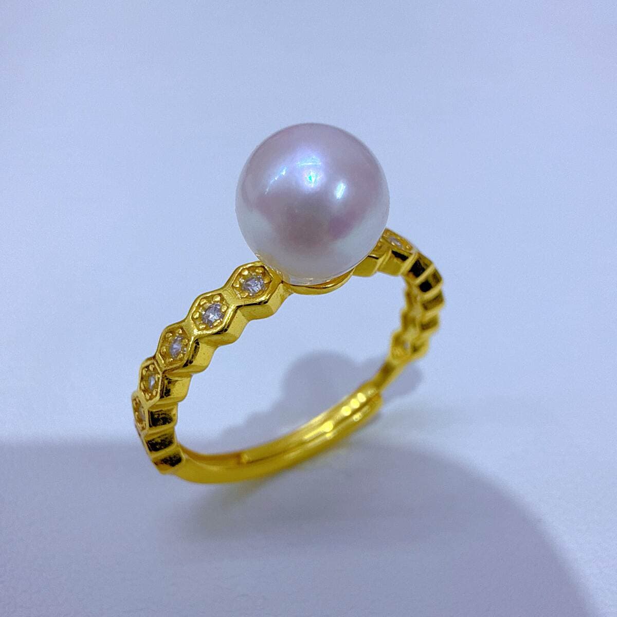 Seawater Akoya Pearl Adjustable Ring Women's Zircon S925 Sterling Silver Accessories Empty Support Retro Honeycomb Ring 3