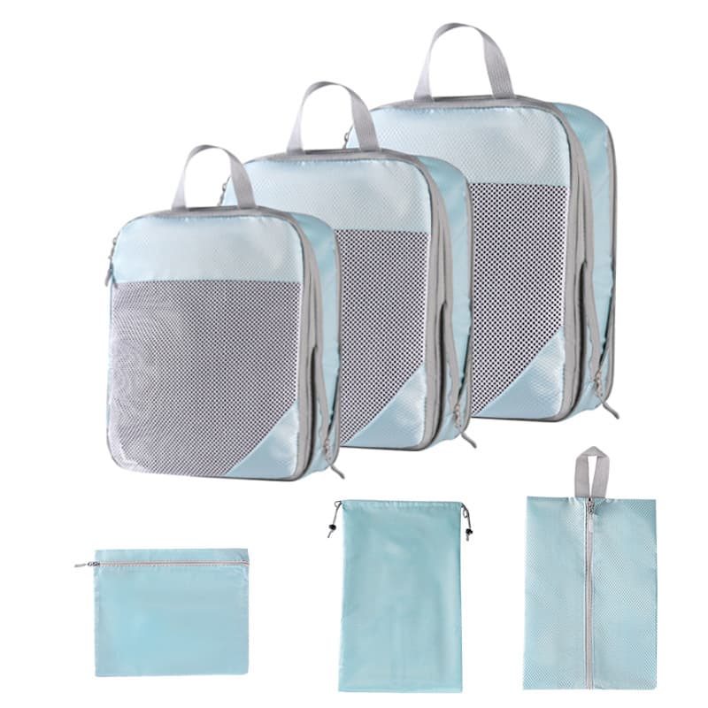 Three-piece set with net lake blue + drawstring pocket + flat pocket + shoe bag