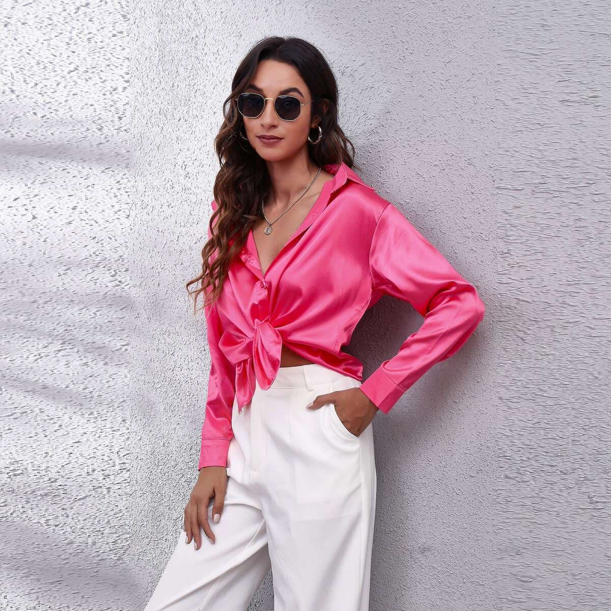 Popular Real Shot Satin Shirt Women's Satin Imitation Silk Long-Sleeved Shirt New European and American Export Cross-Border Women's Clothing 4
