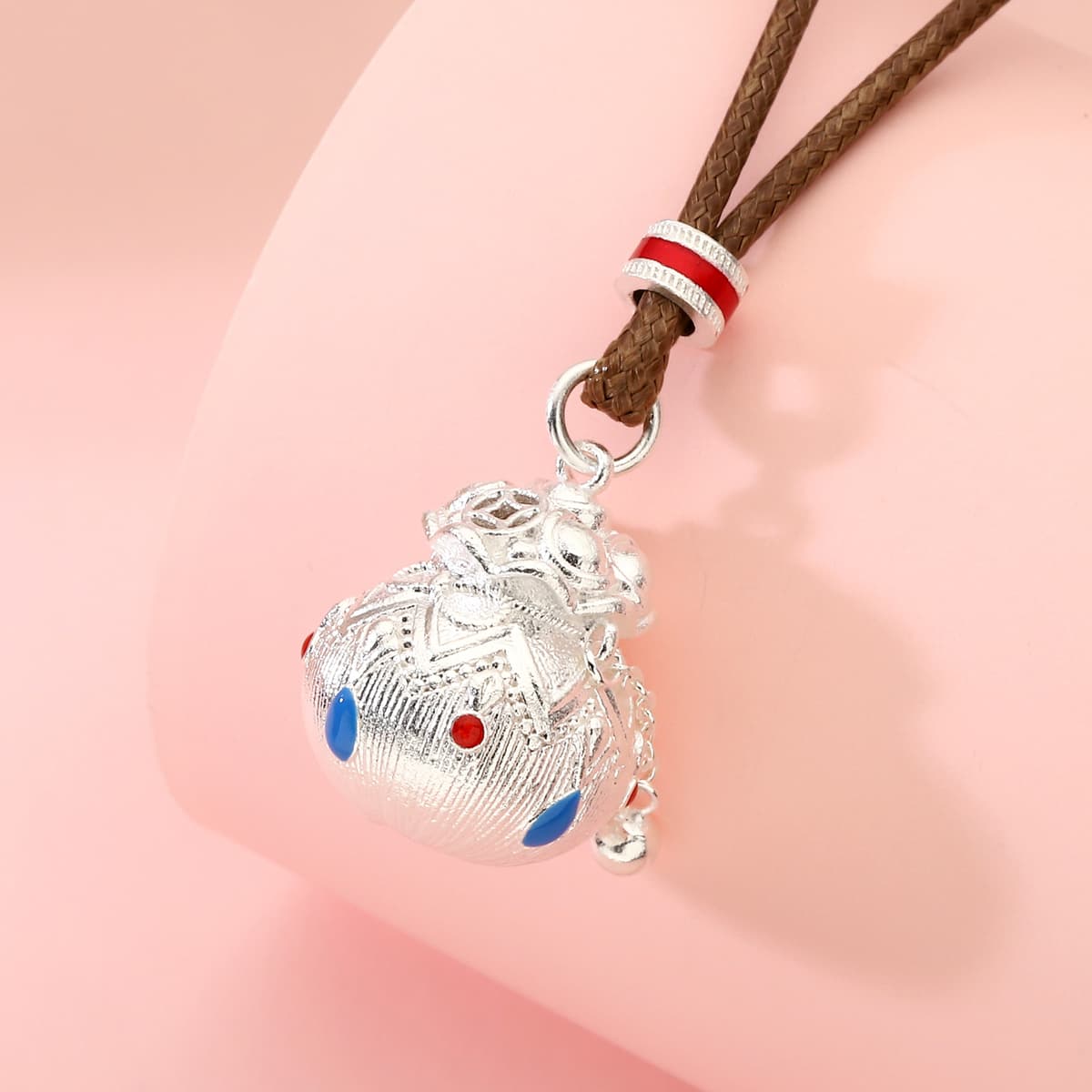 Enamel tassel money bag necklace, silver, approximately 6 grams