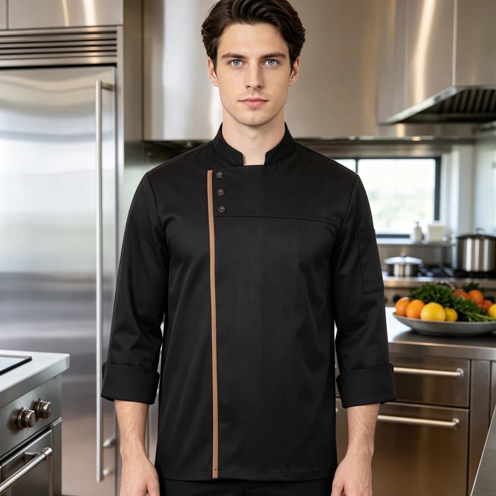 Black long sleeve top with coffee-colored trim and three-button detail