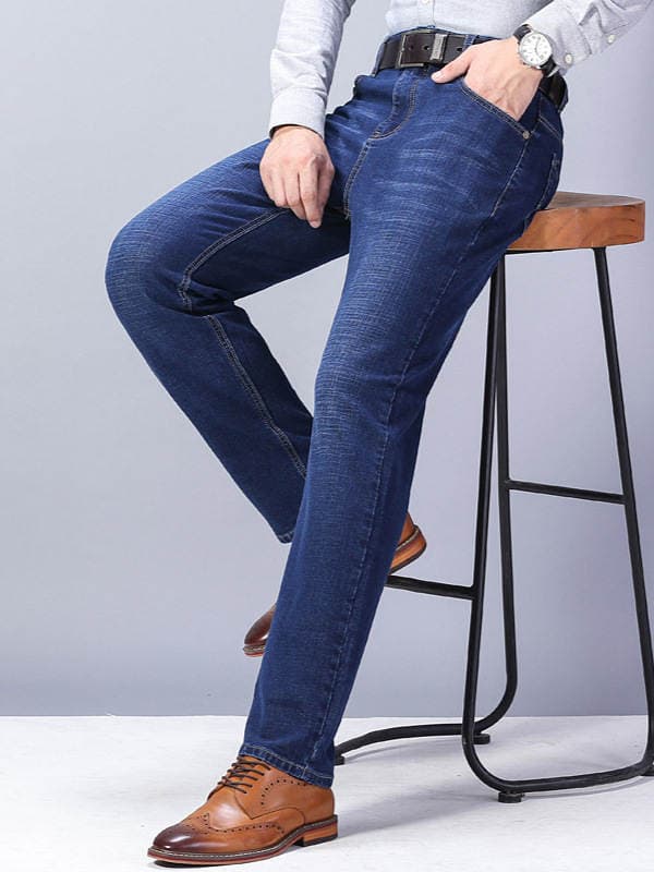 Factory Direct Sale Spring and Autumn Men's Straight Slim Fit Stretch Casual Jeans, Winter Fleece-Lined Thickened Warm Men's Pants 2