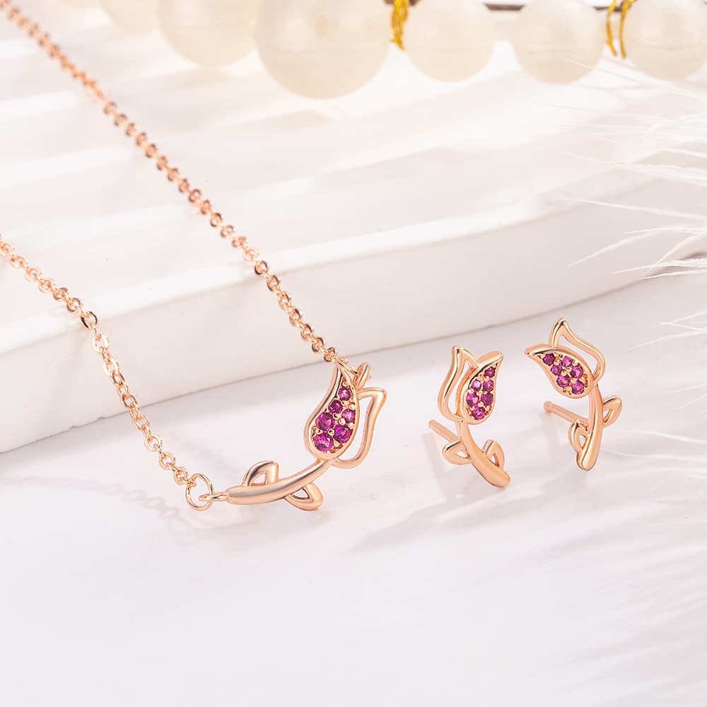 (rose gold plated copper) r174 necklace + r176 stud earrings / tulip two-piece set / unbranded