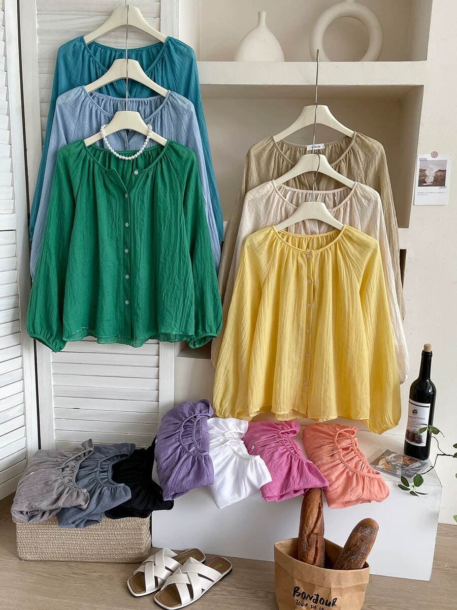 Summer Balloon Sleeves Vintage Vacation Style Cotton Linen Sunscreen Shirt Women's Clothing 1