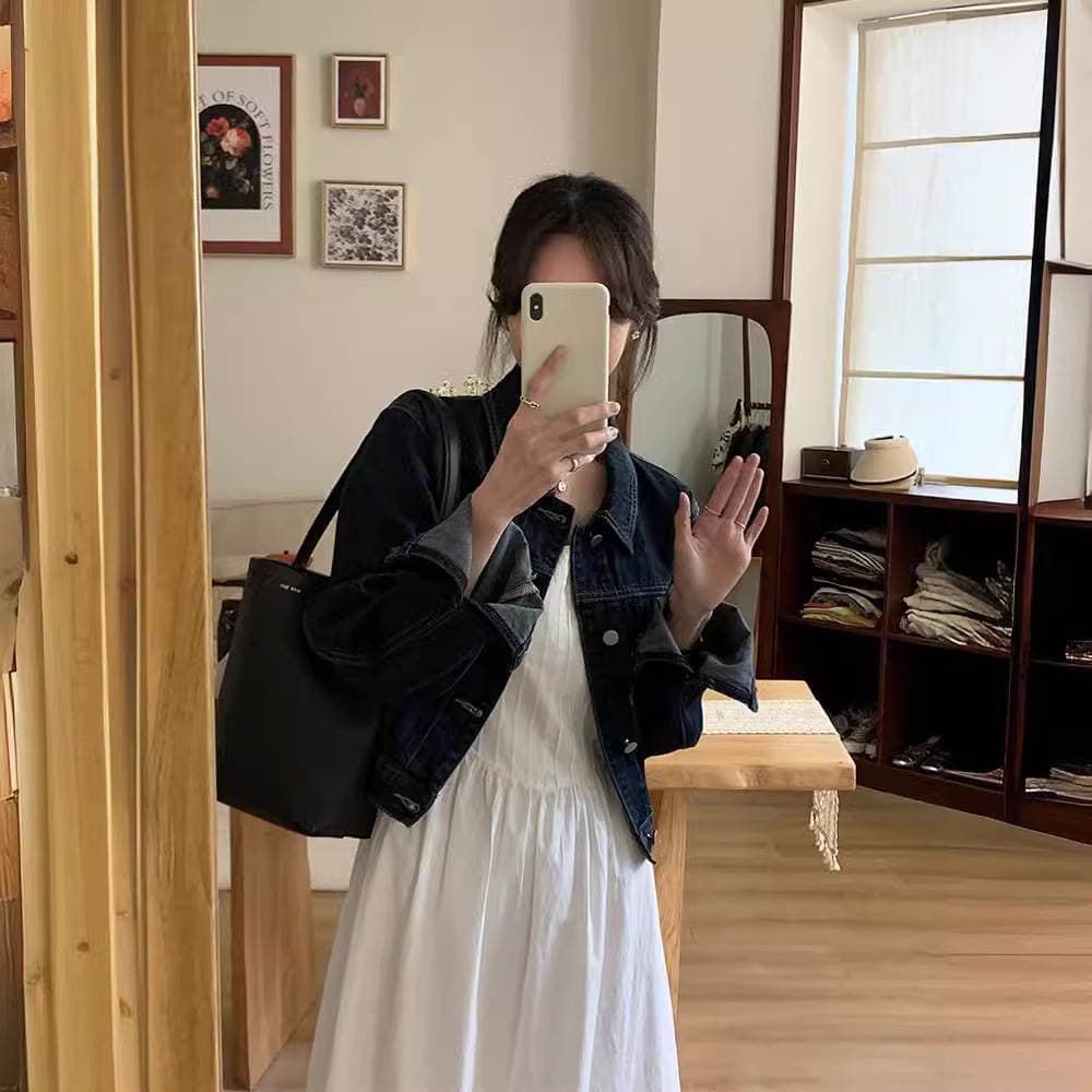 French retro high-grade loose casual all-match long sleeve lapel short American jacket Denim coat top for women 3