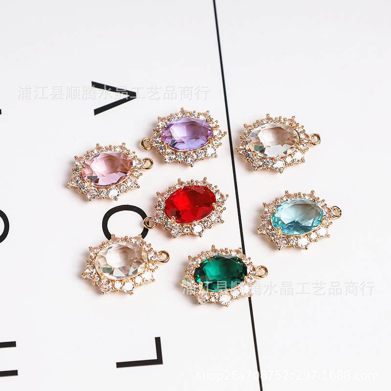 diy accessories micro inlaid zircon glass retro oval copper gold plated pendant necklace clavicle chain earrings material wholesale 2