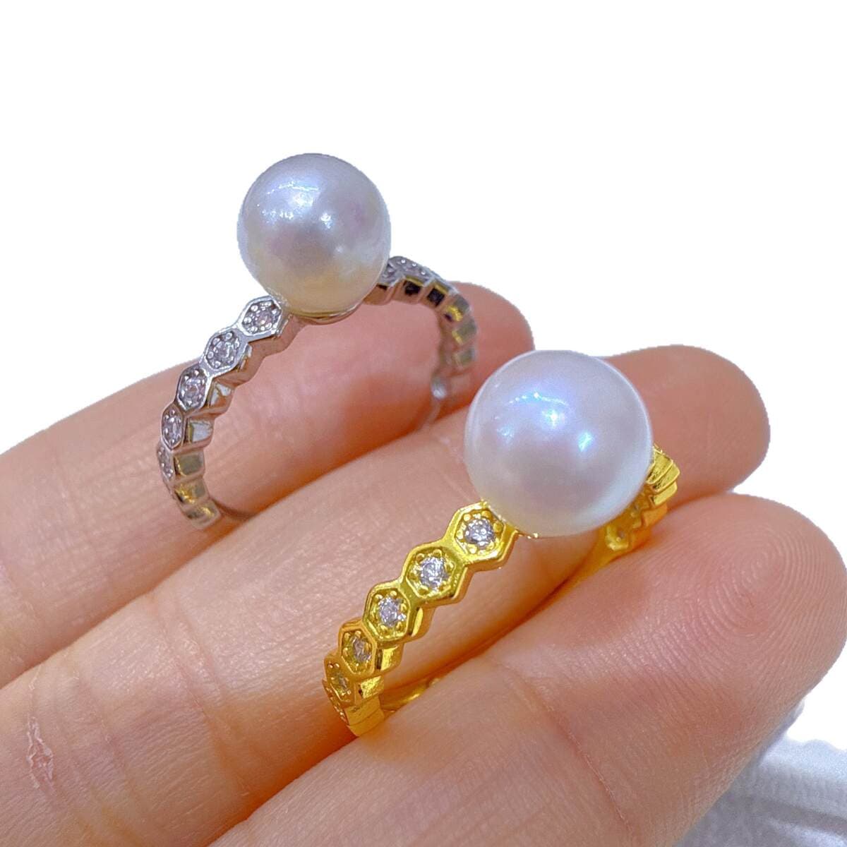 Seawater Akoya Pearl Adjustable Ring Women's Zircon S925 Sterling Silver Accessories Empty Support Retro Honeycomb Ring 5