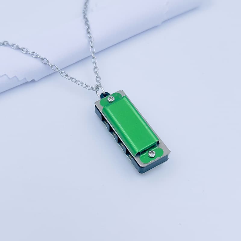 Mini metal harmonica (green) necklace