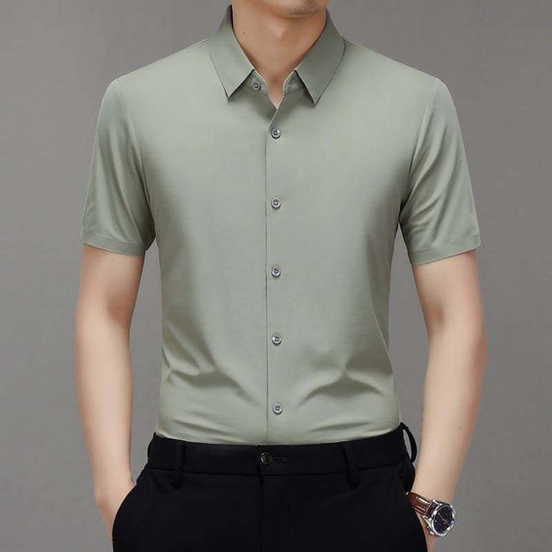 Summer men's seamless shirt, anti-wrinkle, no-iron, solid color, short-sleeved casual top for middle-aged men 1