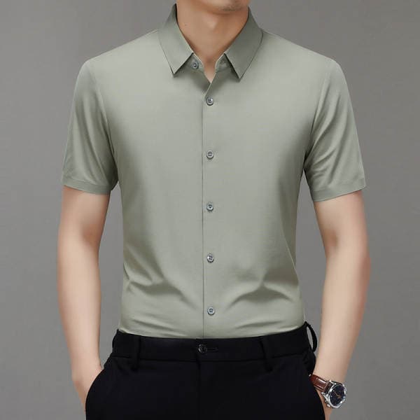 Summer men's seamless shirt, anti-wrinkle, no-iron, solid color, short-sleeved casual top for middle-aged men