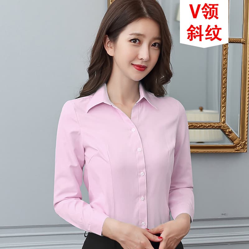 V-Neck Pink Twill Long Sleeve