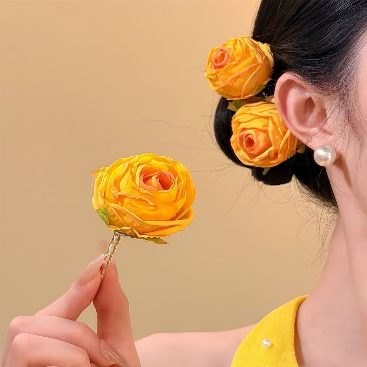 7333 burnt edge rose hairpin - yellow