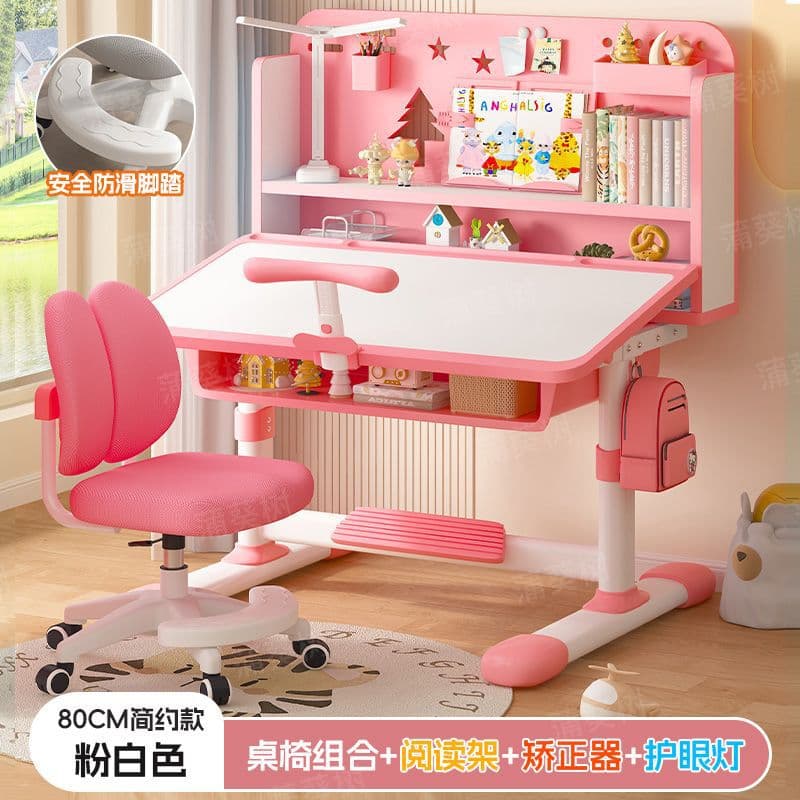 Pink and white desk [tilting desktop + dual-back gliding chair + reading stand + study stand + desk lamp] with two-zone bookshelf