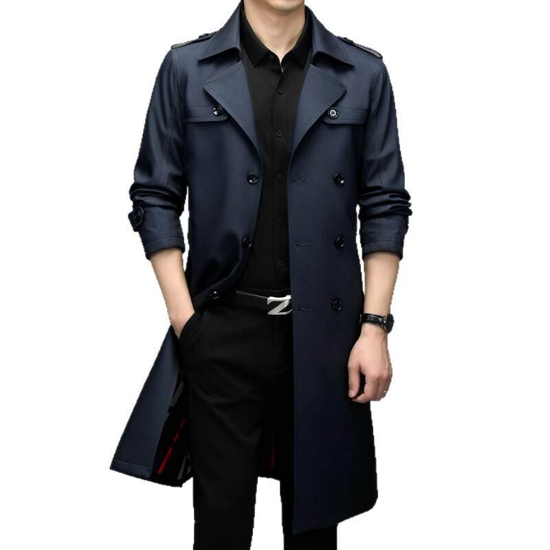 Kişilər üçün payız-qış uzun biznes casual trençkot, kostyum yaxalı, ikiqat düyməli, kəmərli 5