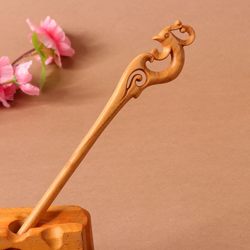 Double-sided carved peach wood hairpin-phoenix