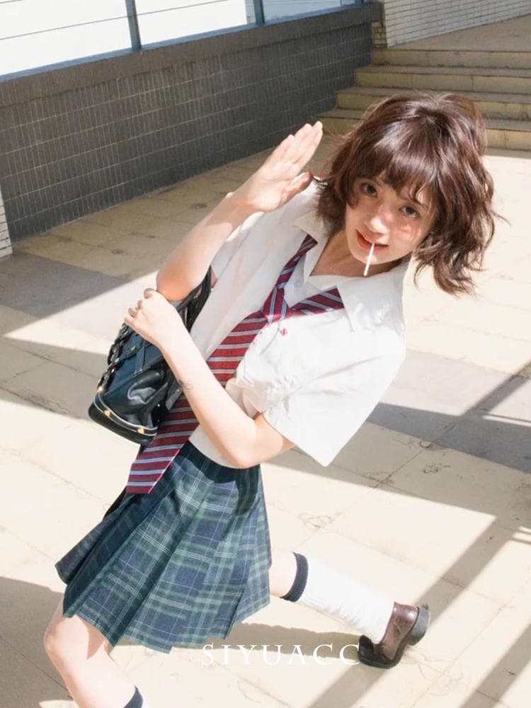 Japanese College Style Burgundy Striped Tie with Shirt, Bow Tie, Hand-Tied Neckerchief, Neck Accessory, Belt, Waist Rope 2