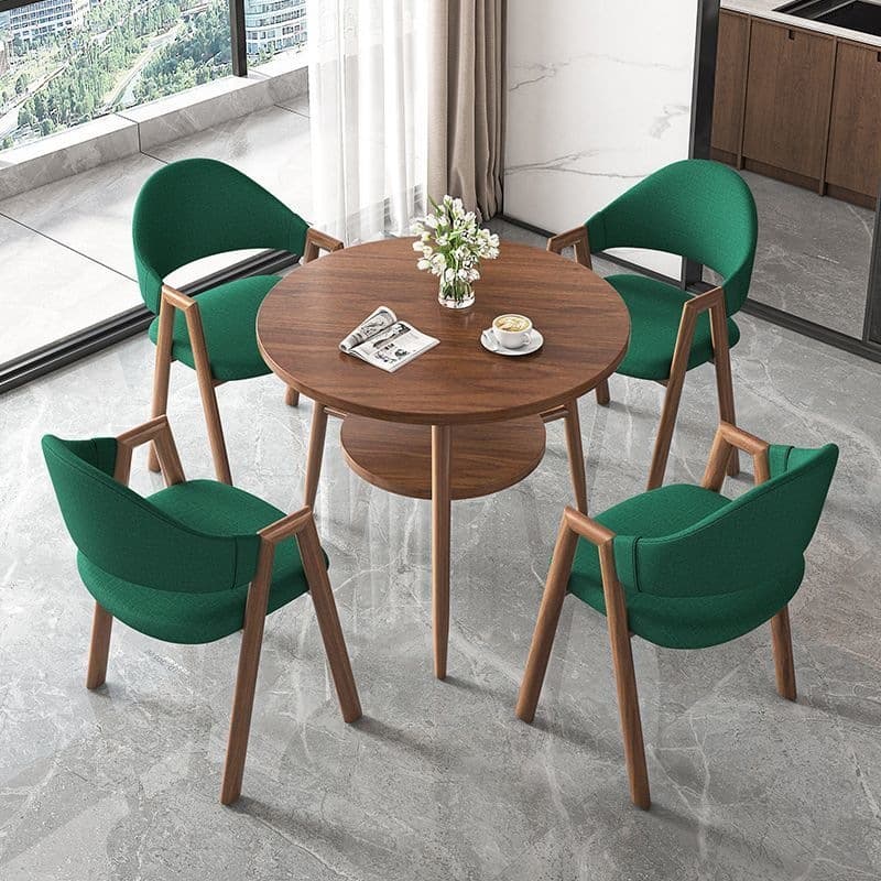 Round table + 4 dark green cloth chairs - walnut legs