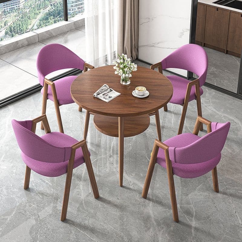 Round table + 4 purple cloth chairs - walnut legs