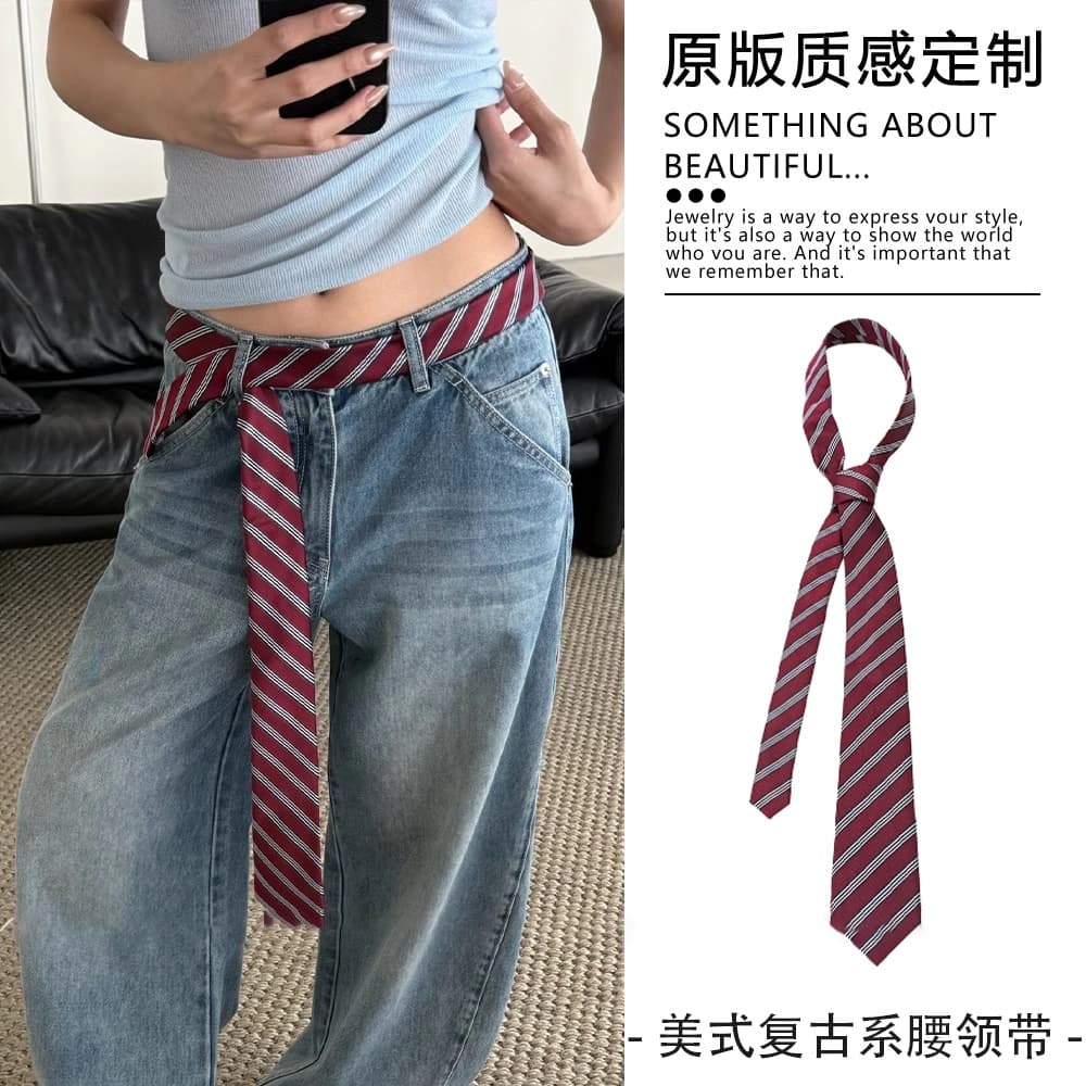 Red background and white pattern tie belt [about 140cm long]