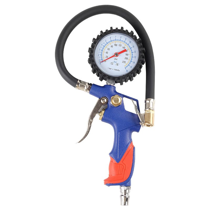 Blue red plastic handle rubber pipe copper head pointer tire pressure gun
