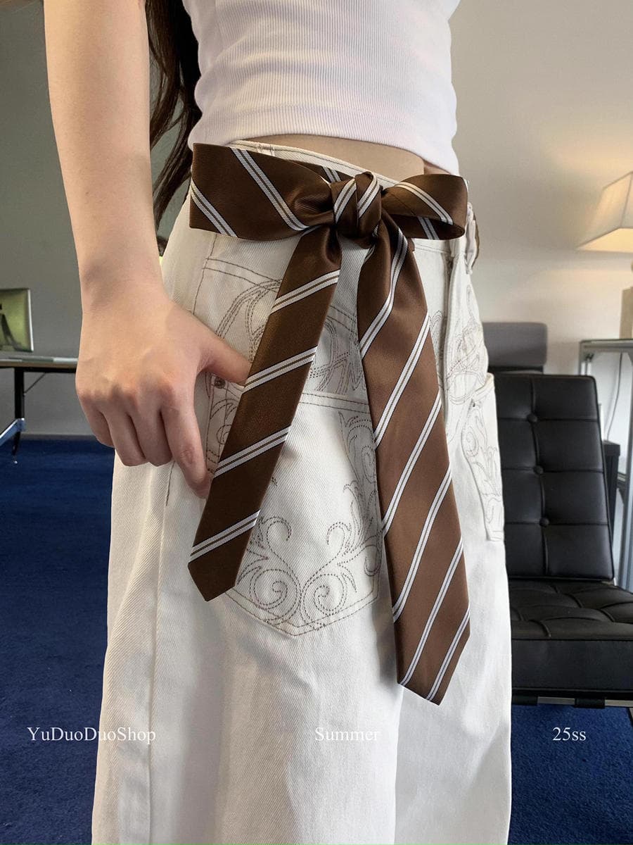 Vintage Khaki Striped Tie for Women, Hong Kong Style Retro Hand-Tied Scarf, Shirt Accessory, Fashionable Pants Belt, Waist Accessory 2