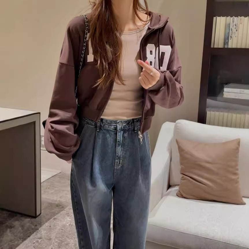 Customized European and American Thickeneded Loose Short Sweatshirt Jacket for Women Hooded Lazy Style Pure Cotton Embroidered Zipper Jacket for Women 2