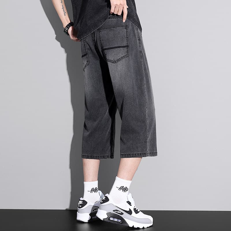 7002 black and gray tencel elastic waist drawstring—cropped pants