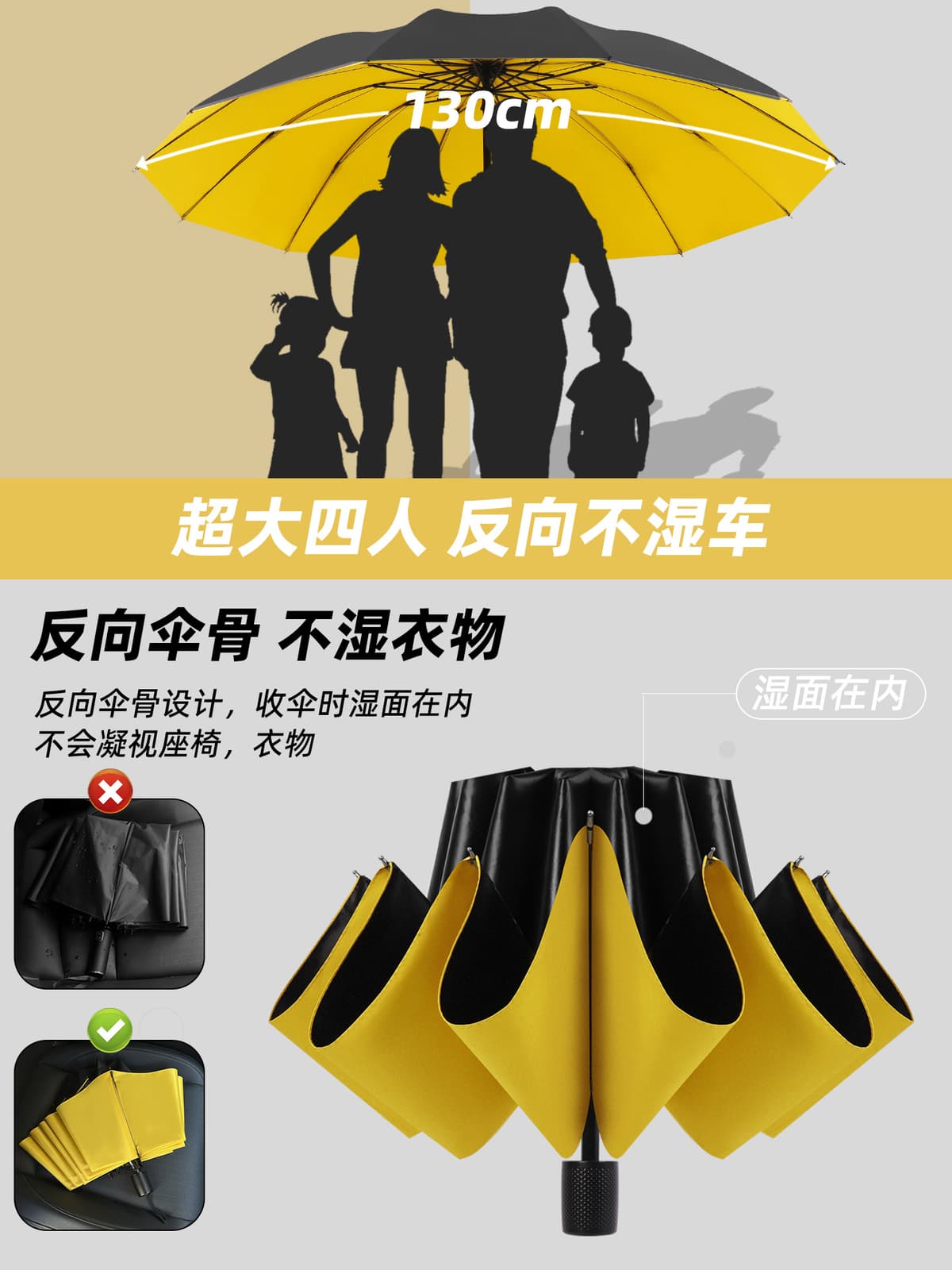 Extra-large three-person sun & rain umbrella - bright yellow