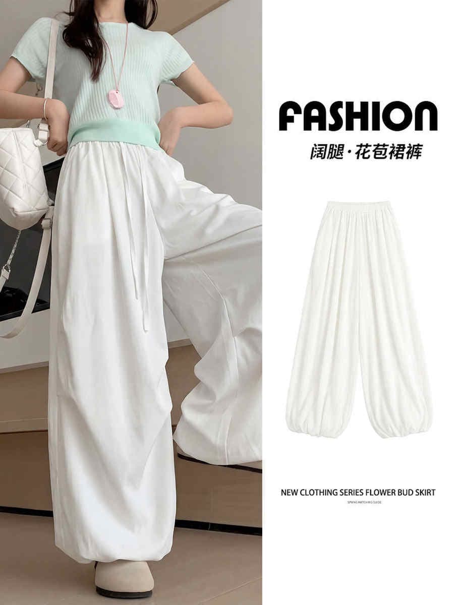 White floral skirt-pants for women, summer 2026 new style, casual loose lantern pants, petite drapey ice silk wide-leg pants 1