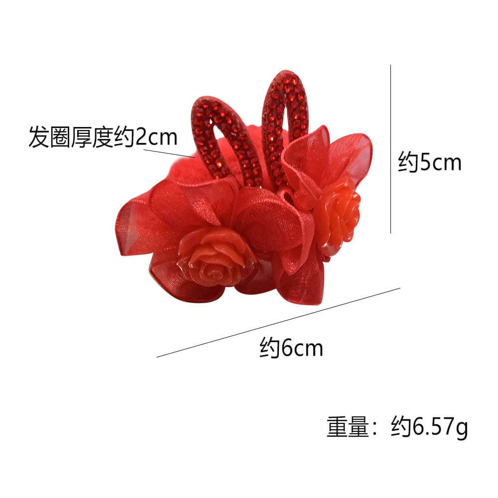 Children's Red Rabbit Ear Plush Hair Tie with Rose Pearl Hair Flower for Girls and Babies, New Year Greeting Hairband, New Year Hair Accessory 5