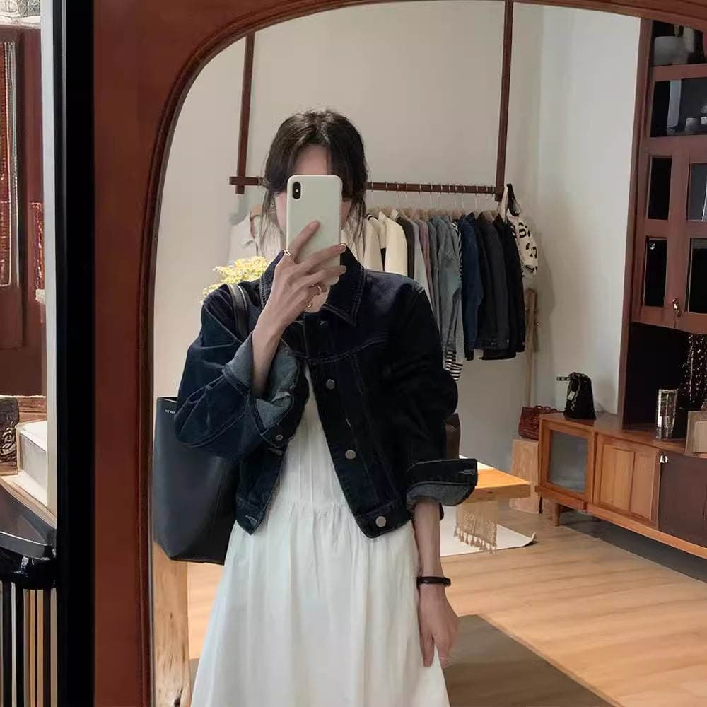 French retro high-grade loose casual all-match long sleeve lapel short American jacket Denim coat top for women 4