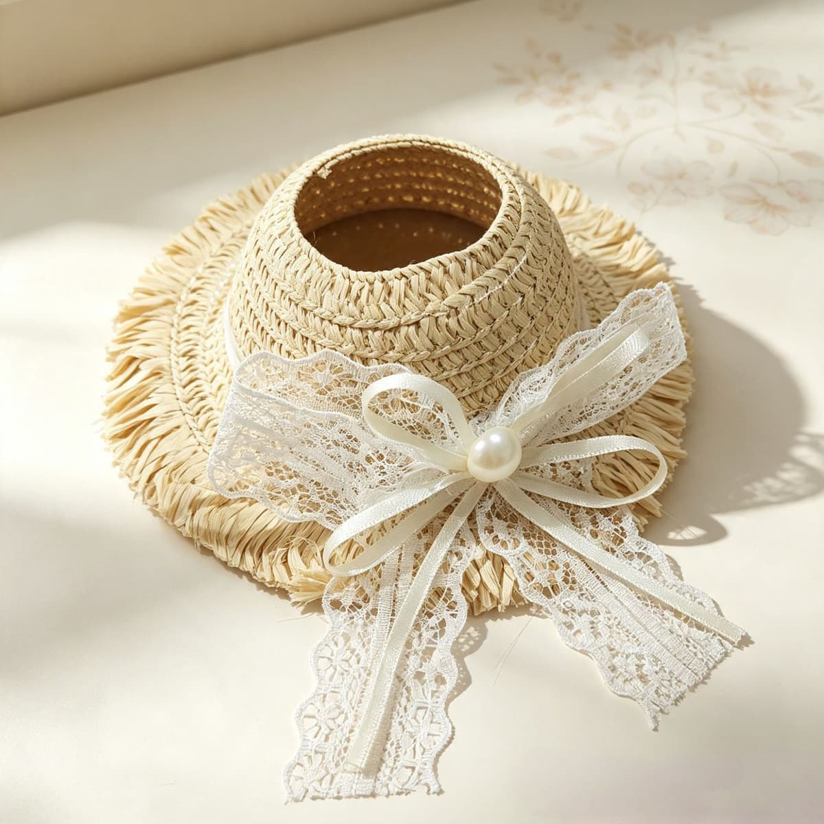 Raw edge 13cm white lace bow straw hat