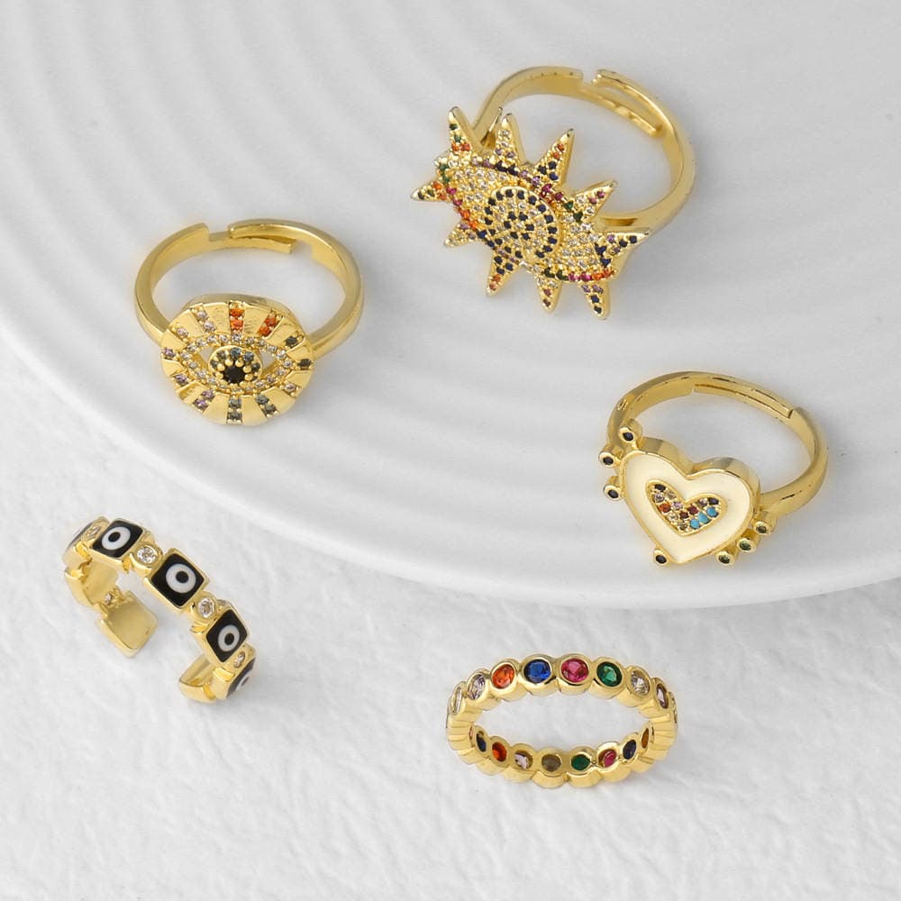 As Jewelry Avropa və Amerika Ürək Formalı Şeytan Gözü Rəngli Emallı Tənzimlənən Üzük, Mis Qızıl suyuna çəkilmiş Rik15 1