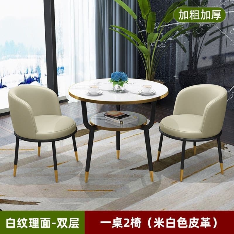 [one table and two chairs] warm white double-layer table 60cm + 2 white leather chairs