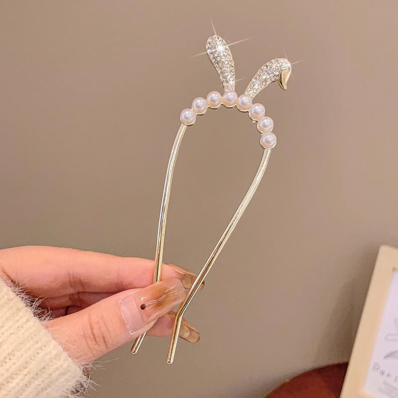 10#Gold rabbit ear pearl hairpin
