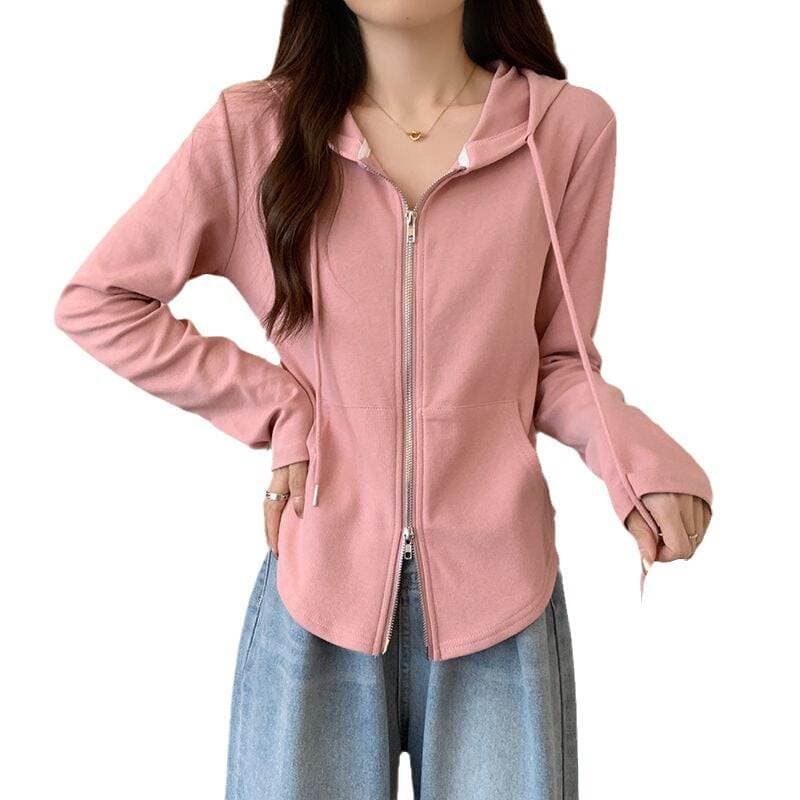 Design solid color zipper hooded sweater for women 2023 autumn and winter new casual cardigan long sleeve plus size coat top 5