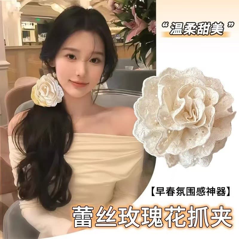 5396 fabric lace flower clip-beige