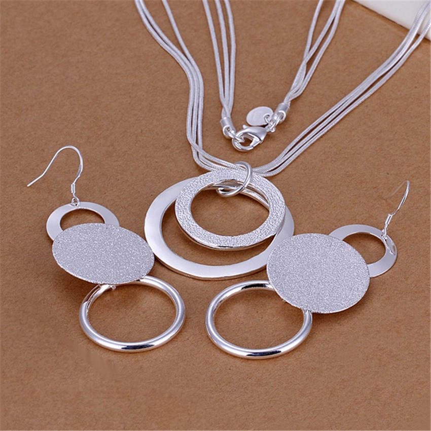 Silver-plated exquisite frosted Circle necklace earrings two-piece set AliExpress explosion jewelry wholesale 1