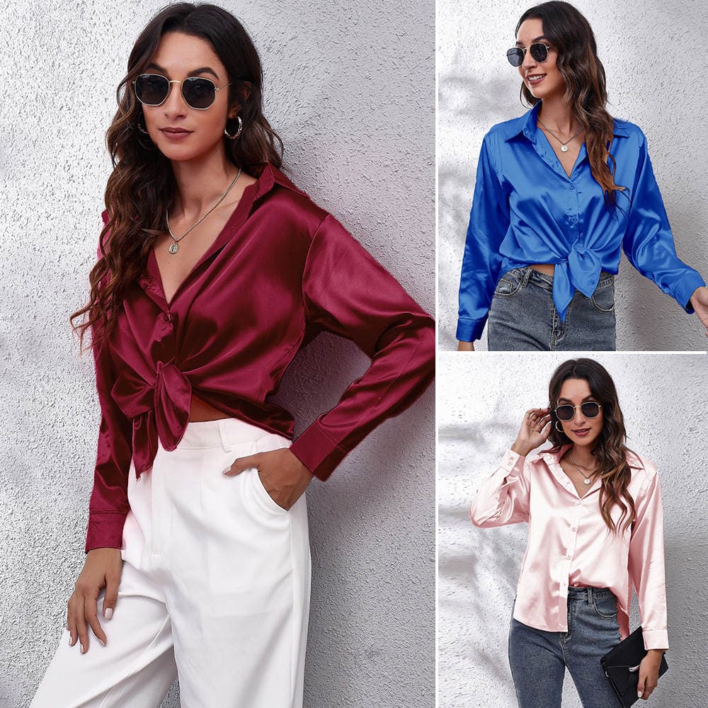 Popular Real Shot Satin Shirt Women's Satin Imitation Silk Long-Sleeved Shirt New European and American Export Cross-Border Women's Clothing 2