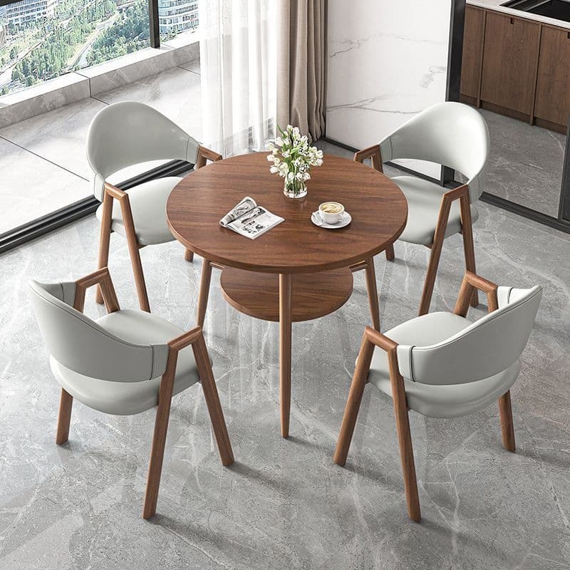 Round table + 4 light gray leather chairs - walnut legs