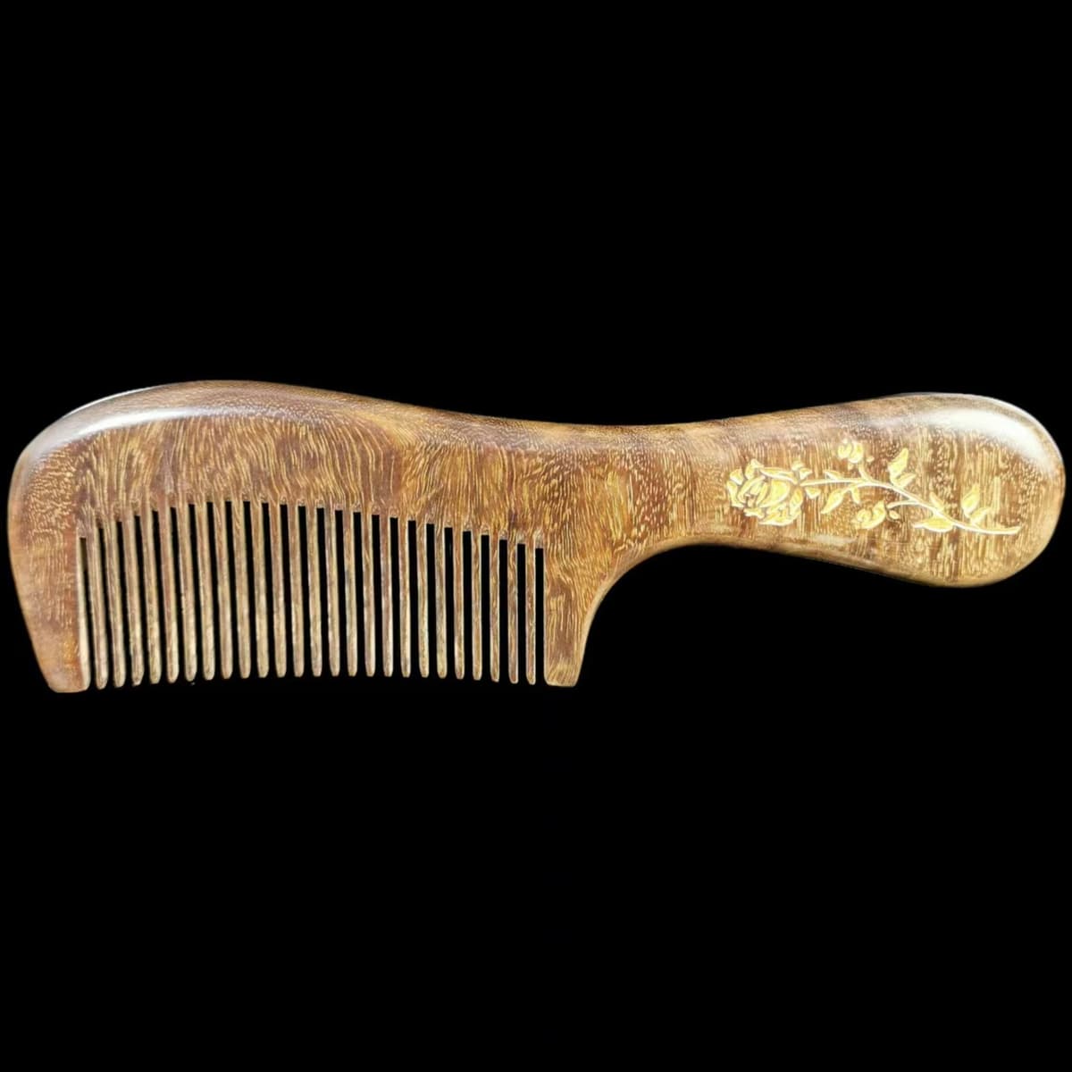 Gold wire green sandalwood 19cm round handle with gold fine teeth