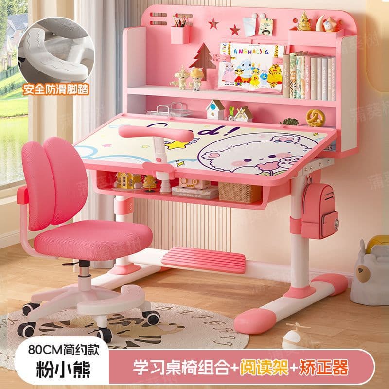Little pink bear [tiltable desktop + double back roller chair + reading stand + study stand] zone 2 bookshelf