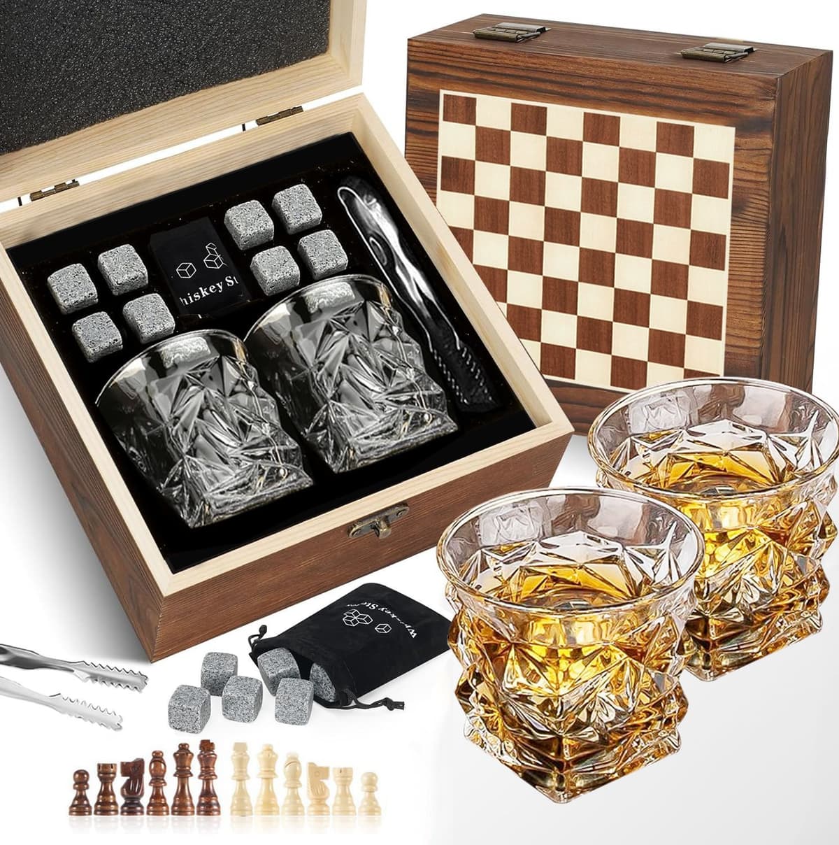 Double whiskey glasses with checkered wooden box and 8-stone felt coasters
