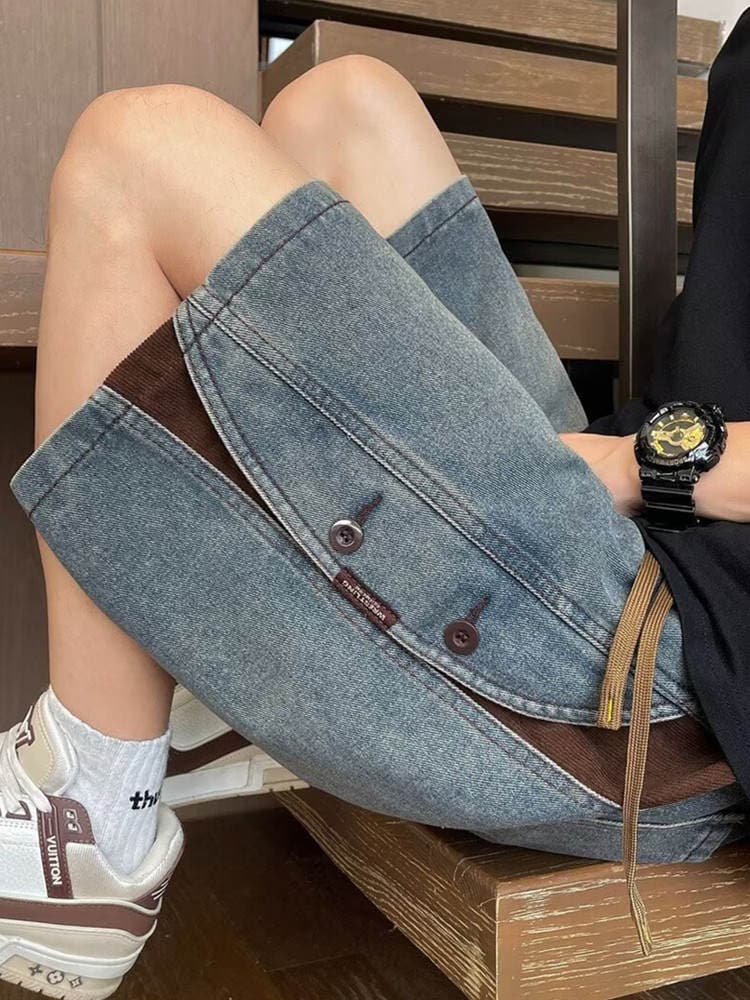 American-Style Heavy Vintage Denim Shorts for Men, Summer Loose Trendy Brand Patchwork Five-Point Shorts, Men's Cool Casual Mid-Length Pants 4