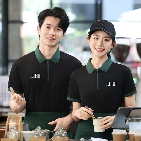 Color-Blocked Polo Shirts, Custom Workwear with Printed Logo, Milk Tea Shop and Restaurant Waiter Uniforms, Short-Sleeved Workwear with Embroidery