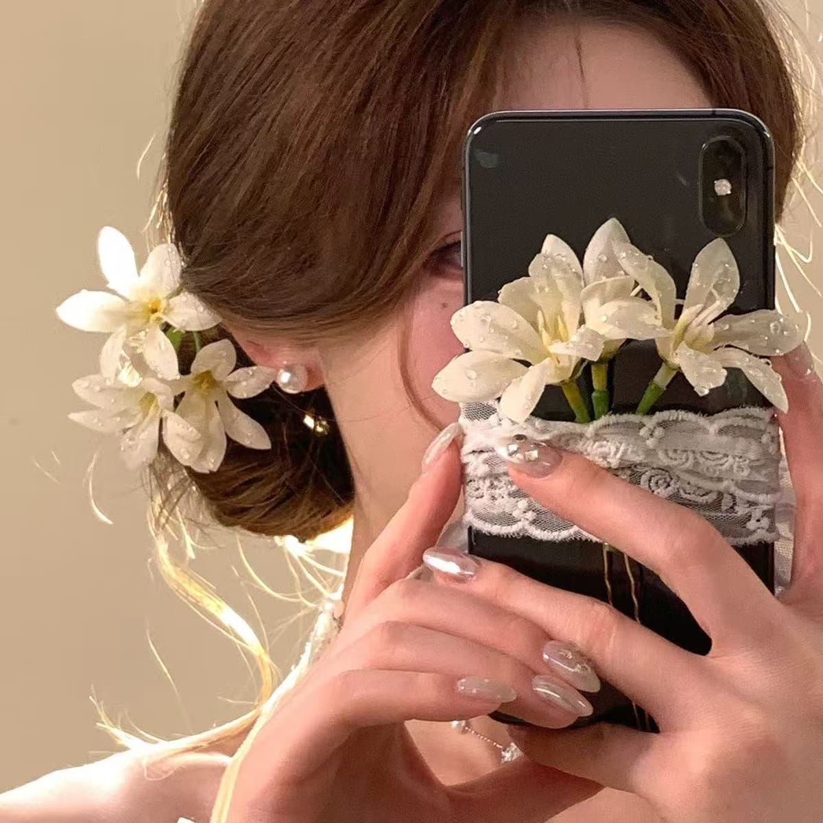 7315 single bunch of dew flower hairpin-beige