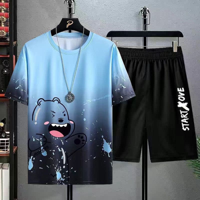 Gradient bear shorts suit blue