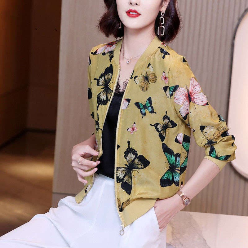 Chiffon Printed Short Coat Women's Clothing 2021 New Spring and Autumn Sunscreen Shirt Zipper Baseball Suit Thin Cardigan Top 2