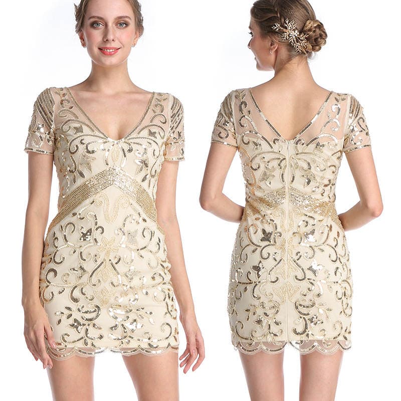Factory Customized Short Sexy Retro Sequin Dress Nightclub Party Eye-Catching V Neck Hip-Hugging Slim Dress 5
