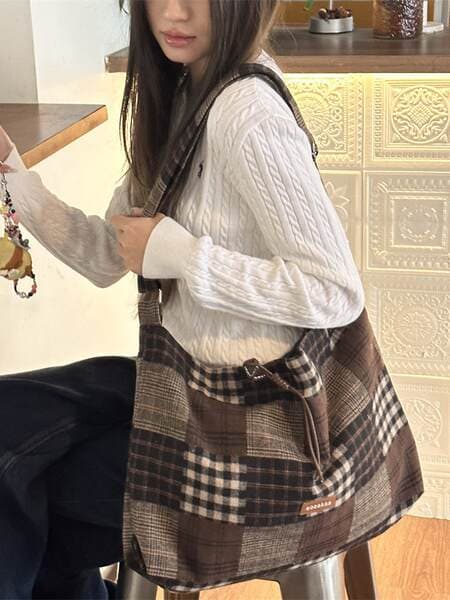 511244 New Large-Capacity Bag, Woolen Plaid Commuter Tote Bag, Women's Vest Bag, Outdoor Shoulder Bag